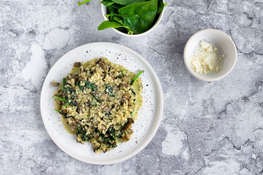 Bloemkoolrisotto met spinazie en champignons